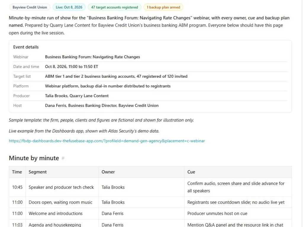 Screenshot of the Webinar run of show document page