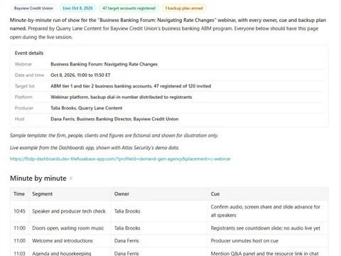 Screenshot of the Webinar run of show document page