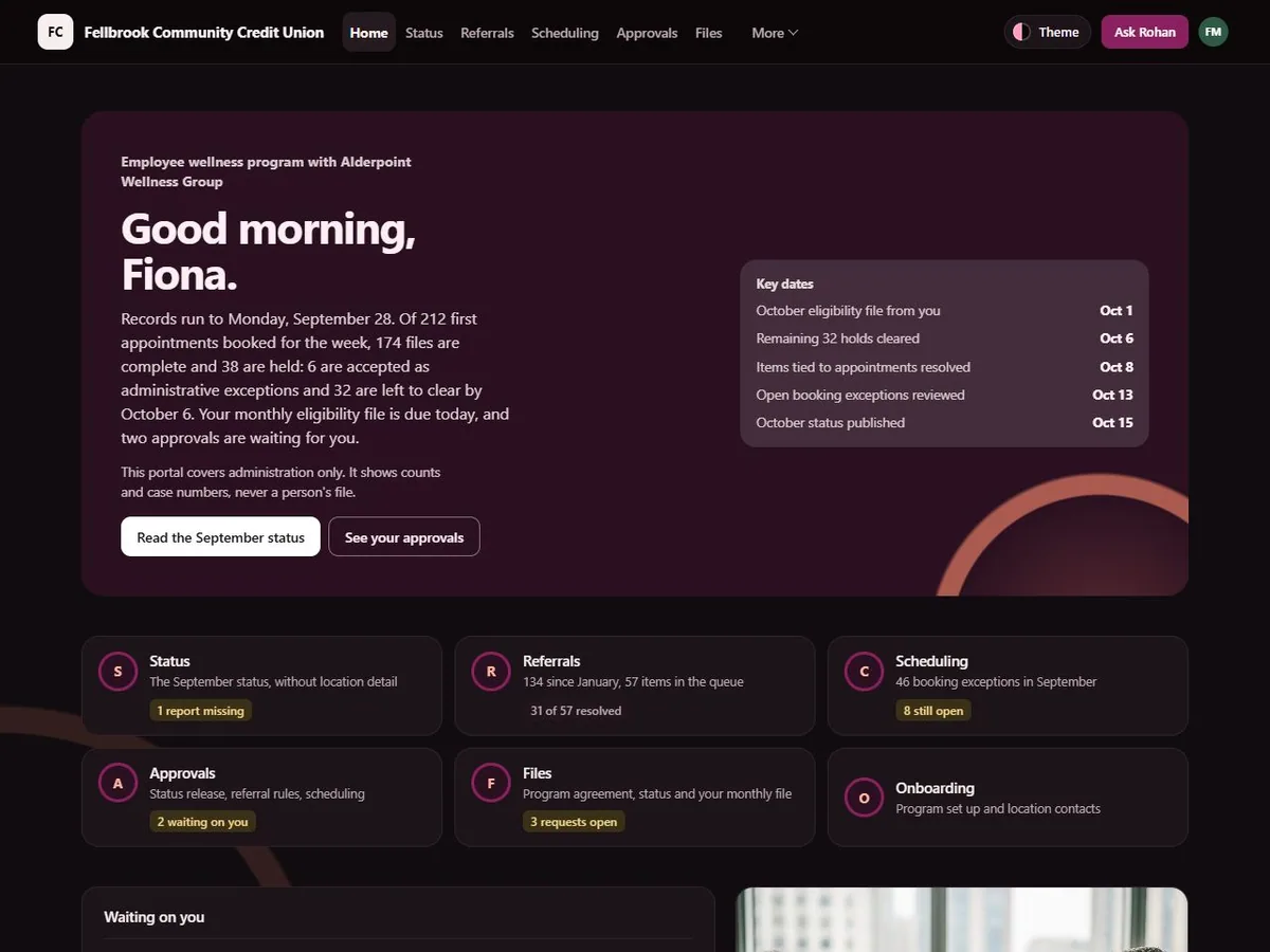 Wellness program administration portal in the Evening (Dark) theme