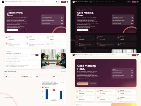 Wellness program administration portal: Morning (Light) theme on the left, Evening (Dark) top right and Soft field (Futuristic) bottom right