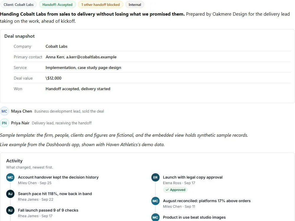 Screenshot of the Won deal to delivery handoff brief document page