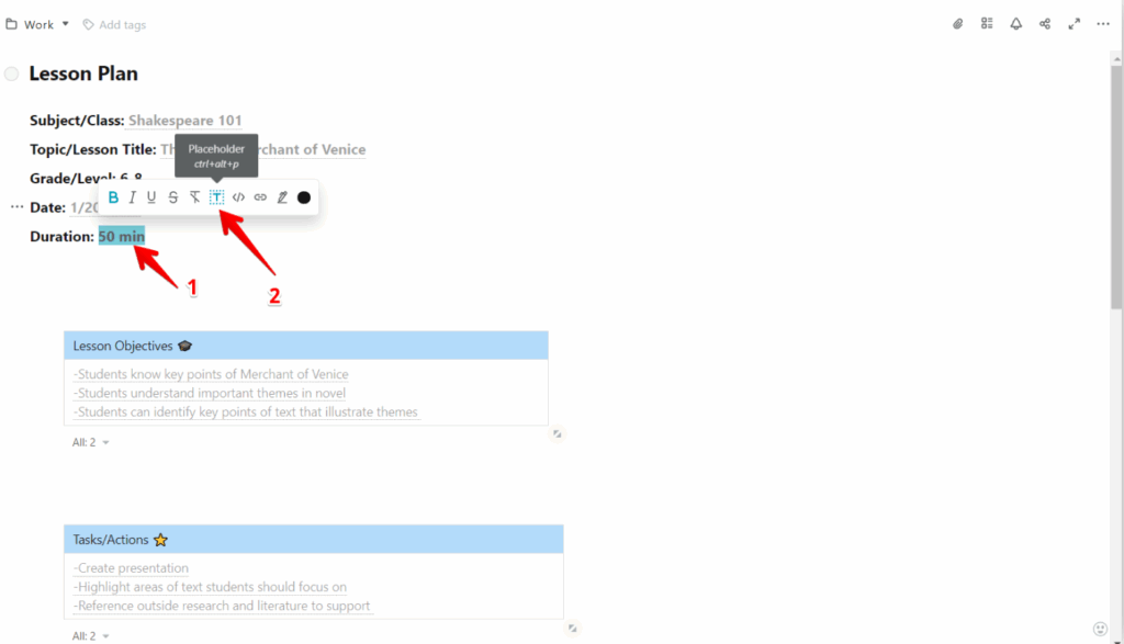 Placeholders can be deleted just like plain text. To do this, highlight the placeholder and click delete.