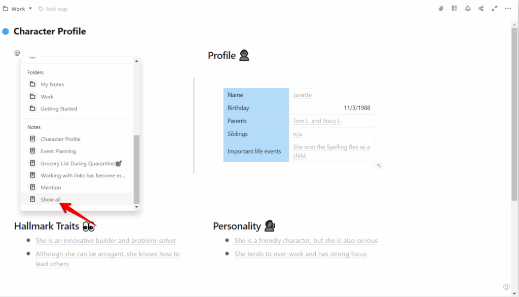 If you have many pages in your workspace, then click Show all to see all of them in the menu.