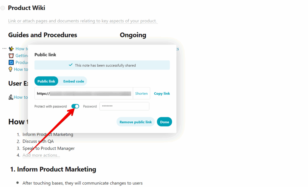 When creating a public page, you will have access to the password protection field where you can specify the password you need, that is, when you open your site with an embed you will need to enter the password