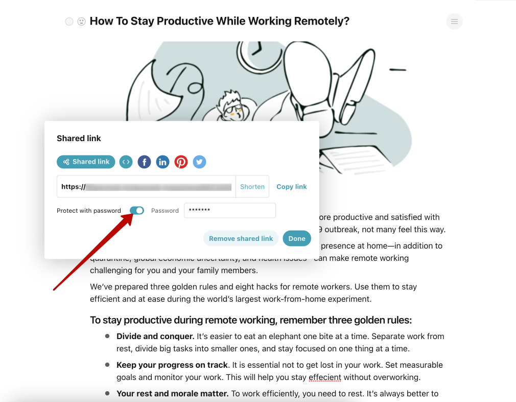 When creating a public page, you will have access to the Password protection field.