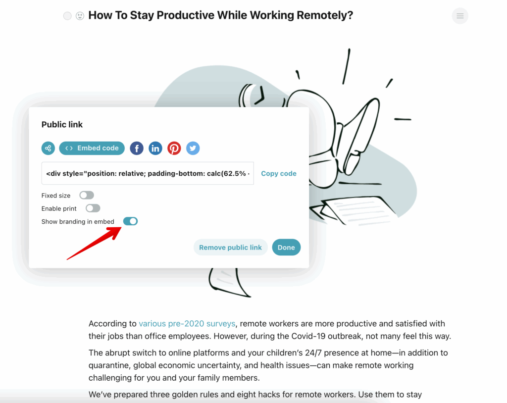 You can either enable or disable showing the branding in the embed. By default, this option is enabled.