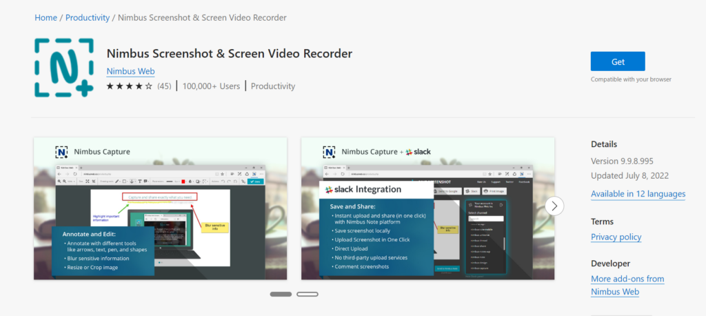Best Microsoft Edge Extension for Collaboration — Nimbus Capture. Image by Nimbus Platform
