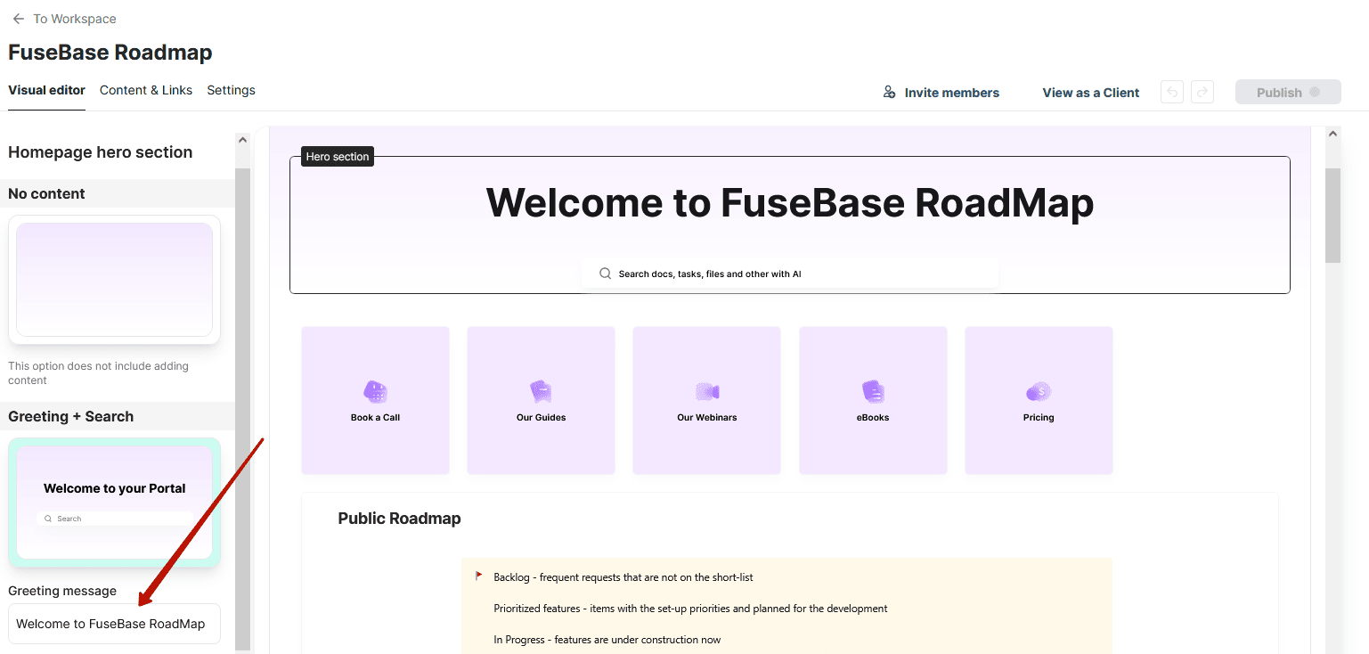 Welcome Message & Search Management via Hero Section - FuseBase