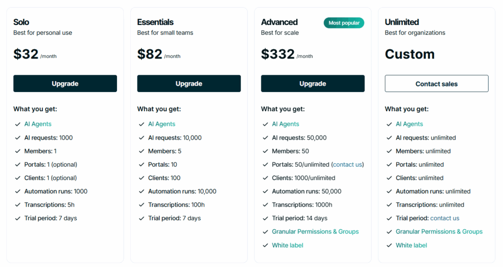 FuseBase Pricing Plans. Image powered by FuseBase.