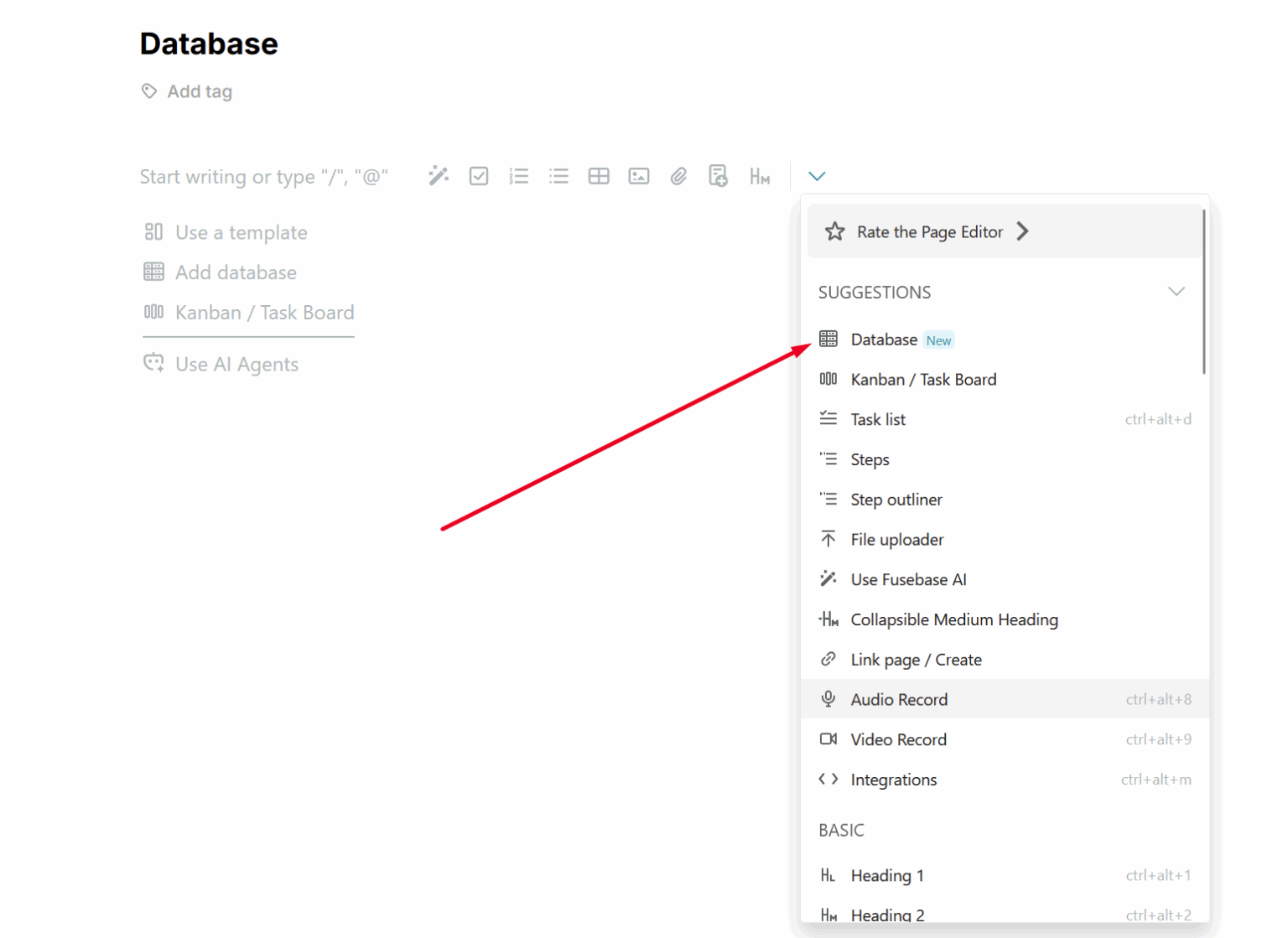 How to add a database to a Fusebase page - FuseBase