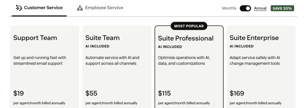Zendesk CRM pricing. Image powered by FuseBase.