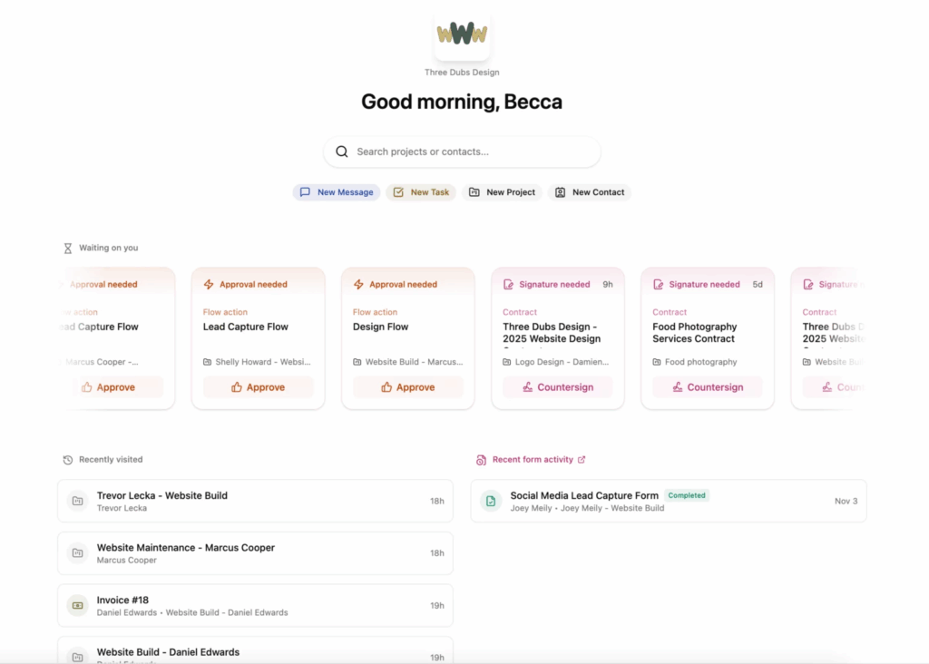 Dubsado client portal interface 2026. Image powered by FuseBase.