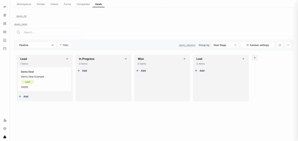Deals Dashboard. Image powered by FuseBase.